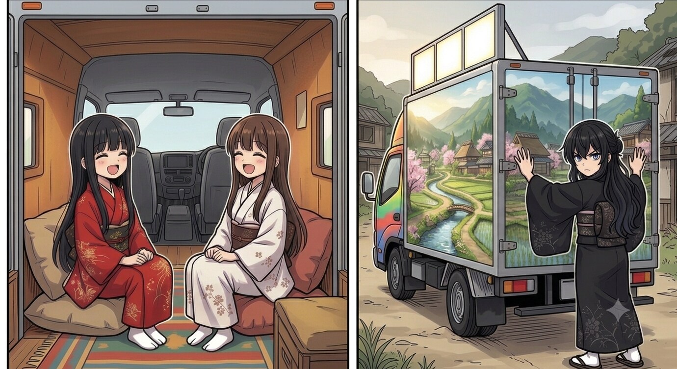 廃村を走るアドトラック