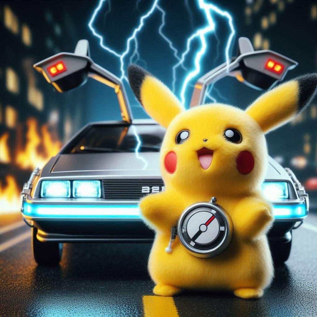 デロリアンを感電させるピカチュウ