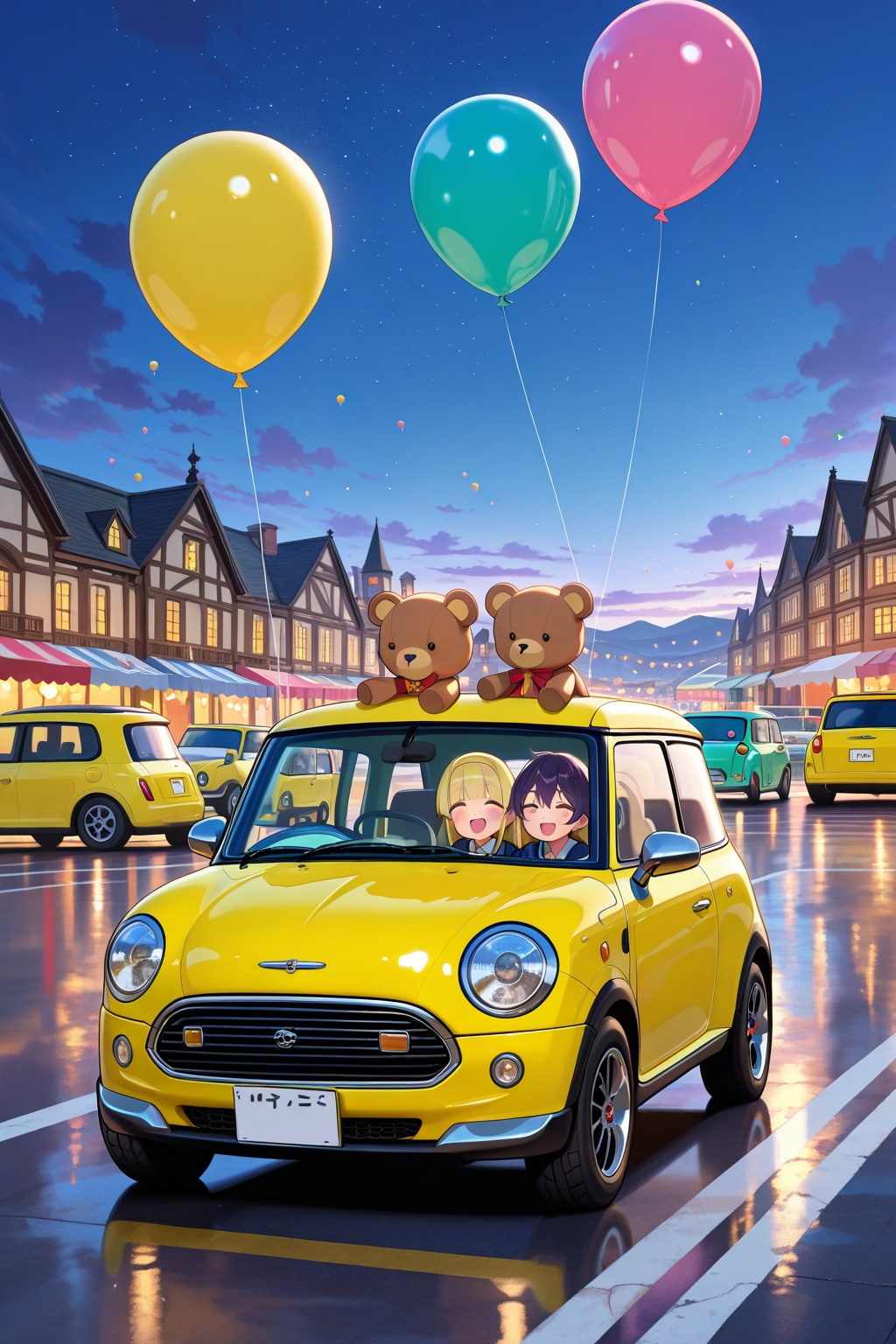 風船と車と熊のぬいぐるみ