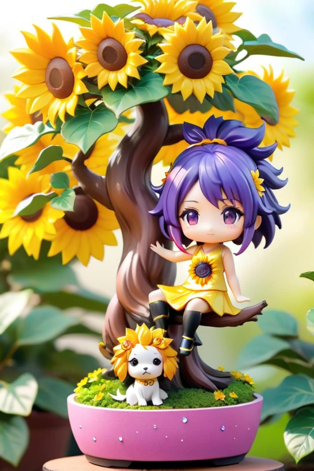 ひまわり盆栽と紫髪ちゃん