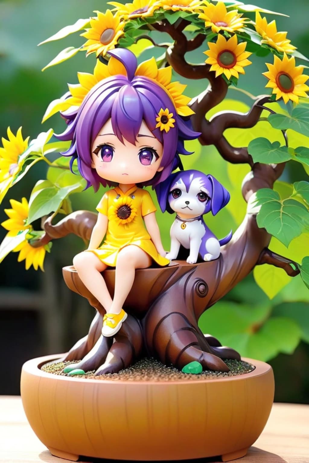 ひまわり盆栽と紫髪ちゃん