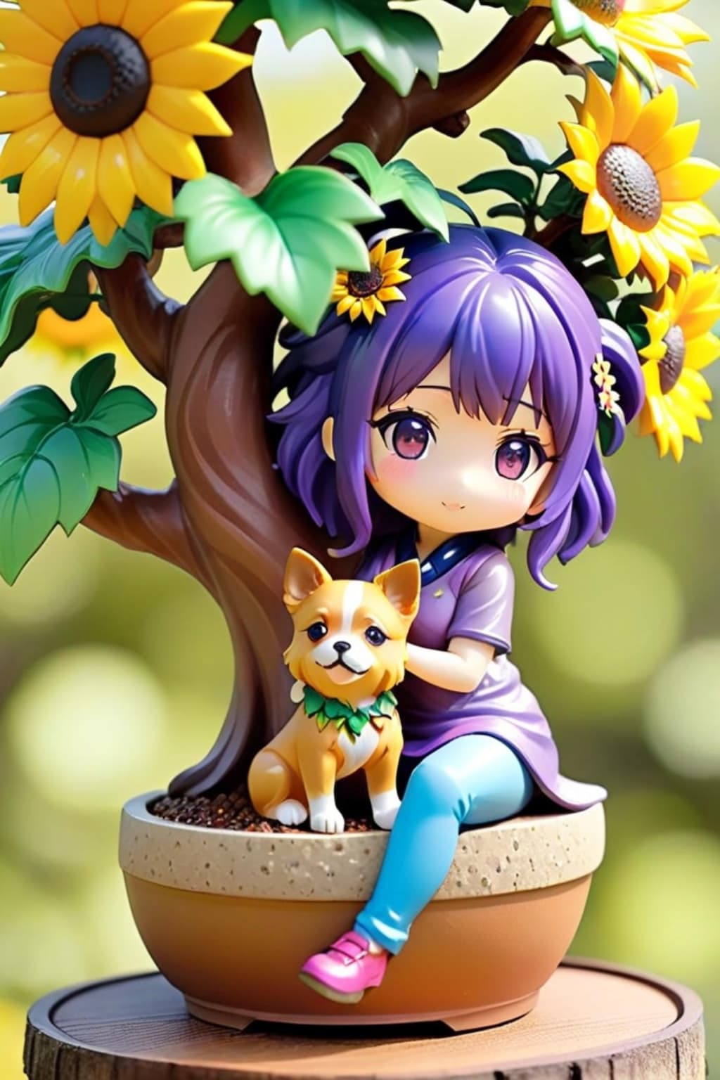 ひまわり盆栽と紫髪ちゃん