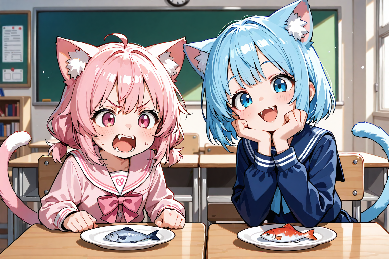 ねこちゃんが怒っている理由は魚の差かな？（ぷぷっ🤣）