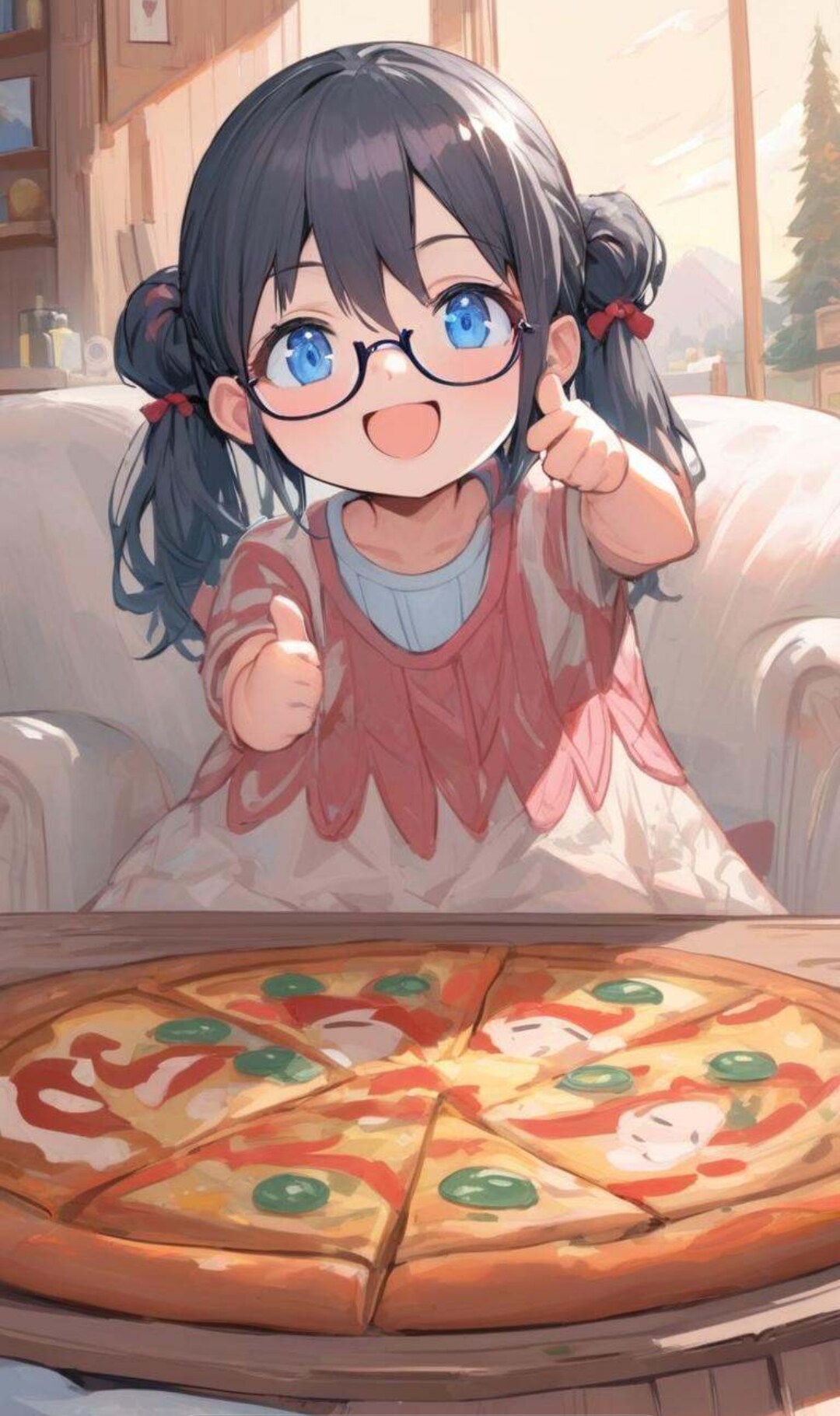 巨大ピザを前にテンション高い小さな女の子 | の人気AIイラスト・グラビア