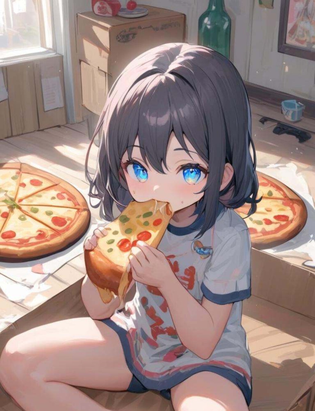 巨大ピザを前にテンション高い小さな女の子