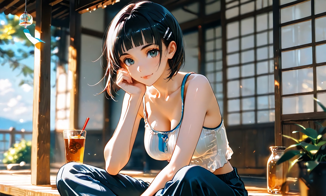 直葉、夏の縁側で風鈴と麦茶に緩みきった昼下がり