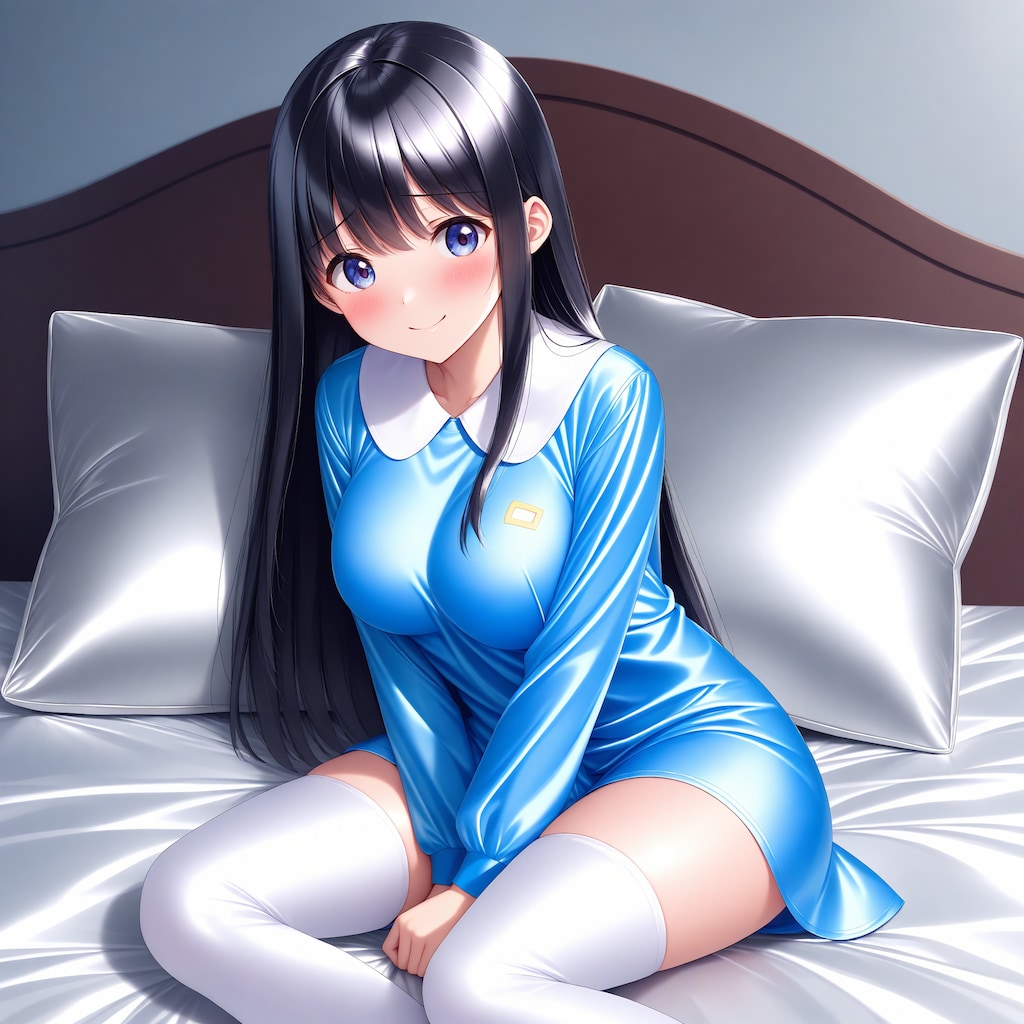 空色サテンスモック白サイハイソックス