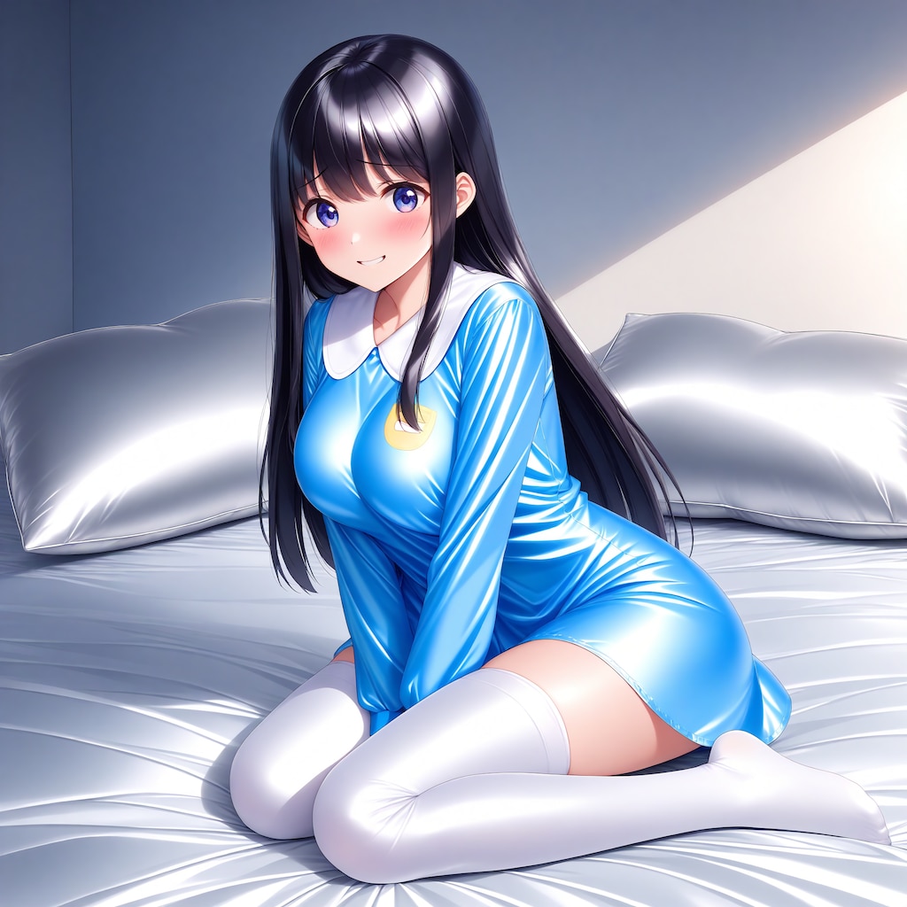 空色サテンスモック白サイハイソックス