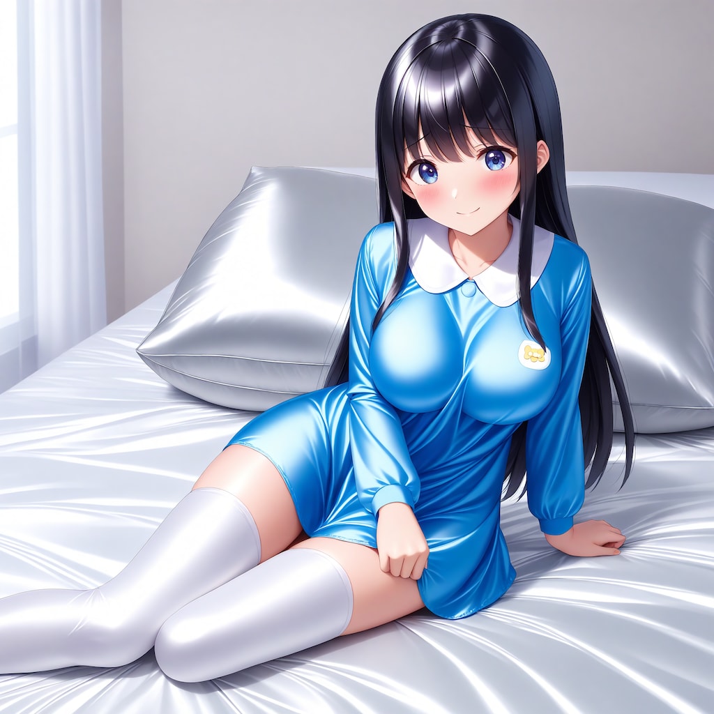 空色サテンスモック白サイハイソックス