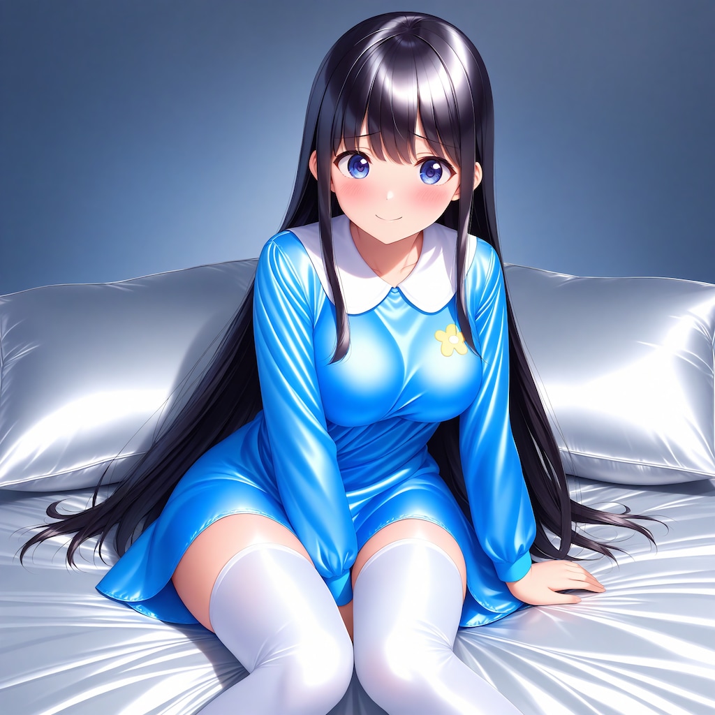 空色サテンスモック白サイハイソックス