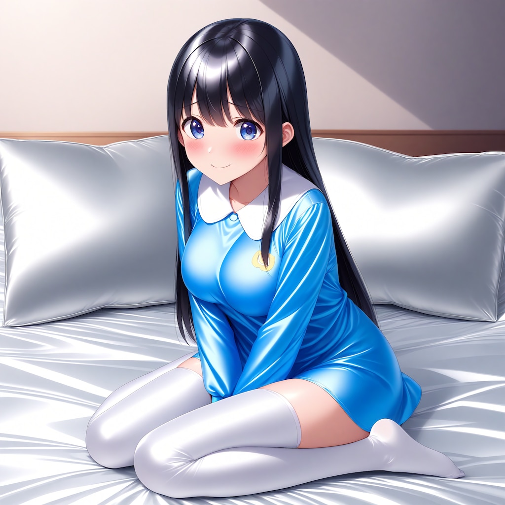 空色サテンスモック白サイハイソックス