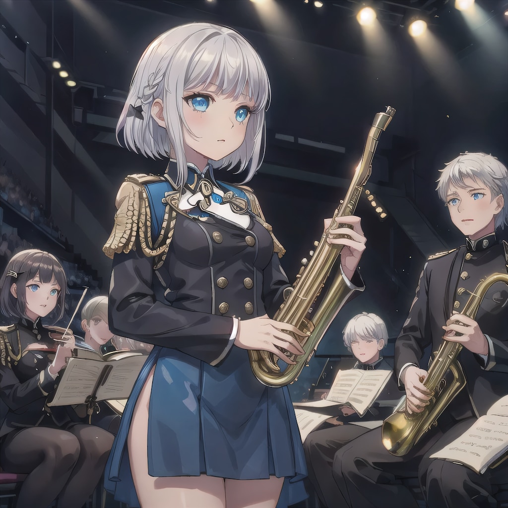 銀髪ボブでブラスバンドの少女
