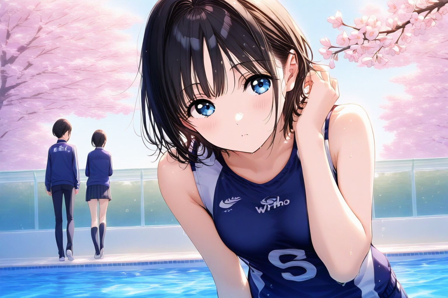 プールサイドで勝手に花見するリア充
