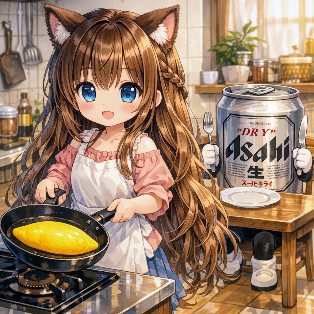 オムレツを焼く小さな女の子