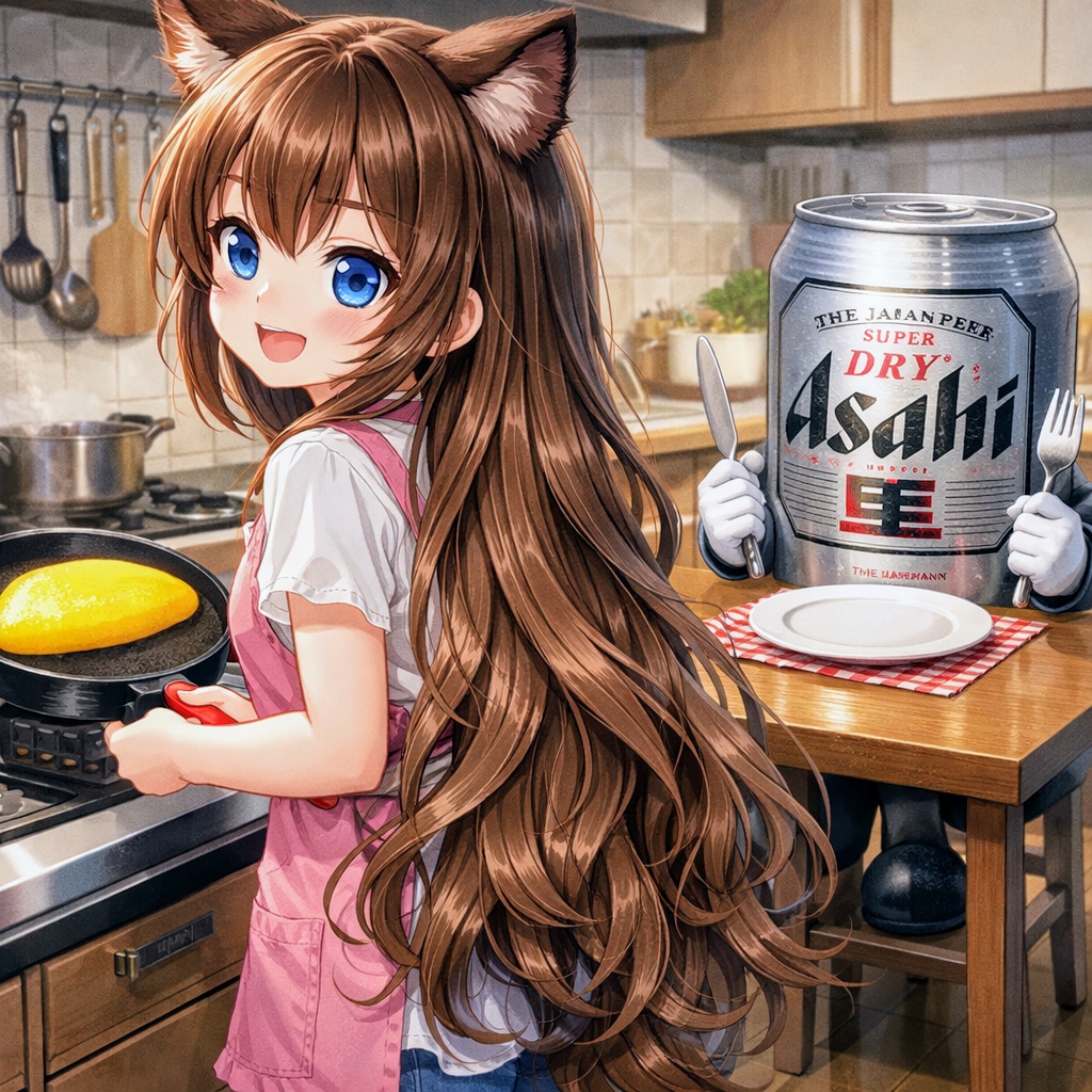 オムレツを焼く小さな女の子