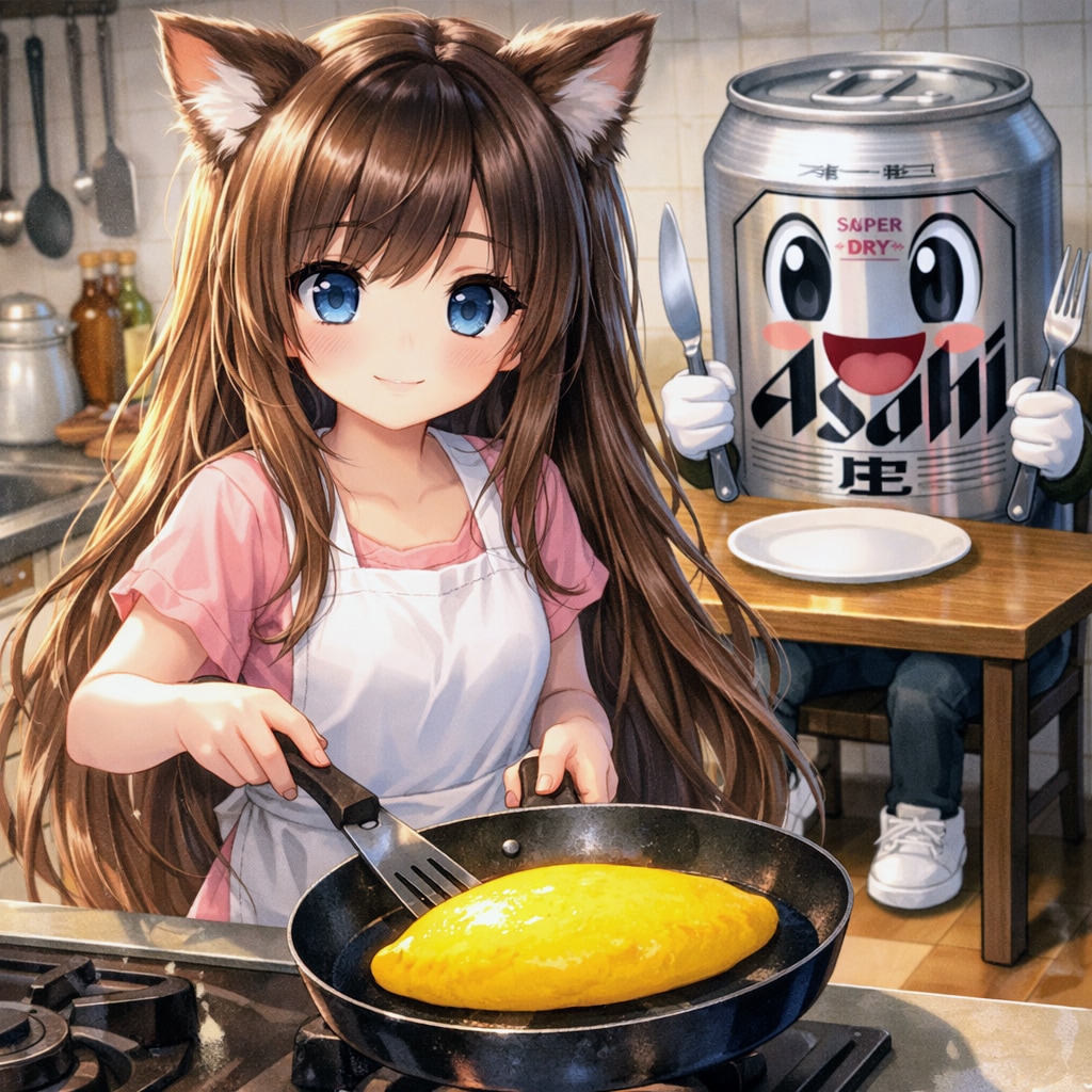 オムレツを焼く小さな女の子