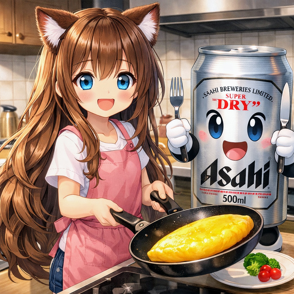 オムレツを焼く小さな女の子