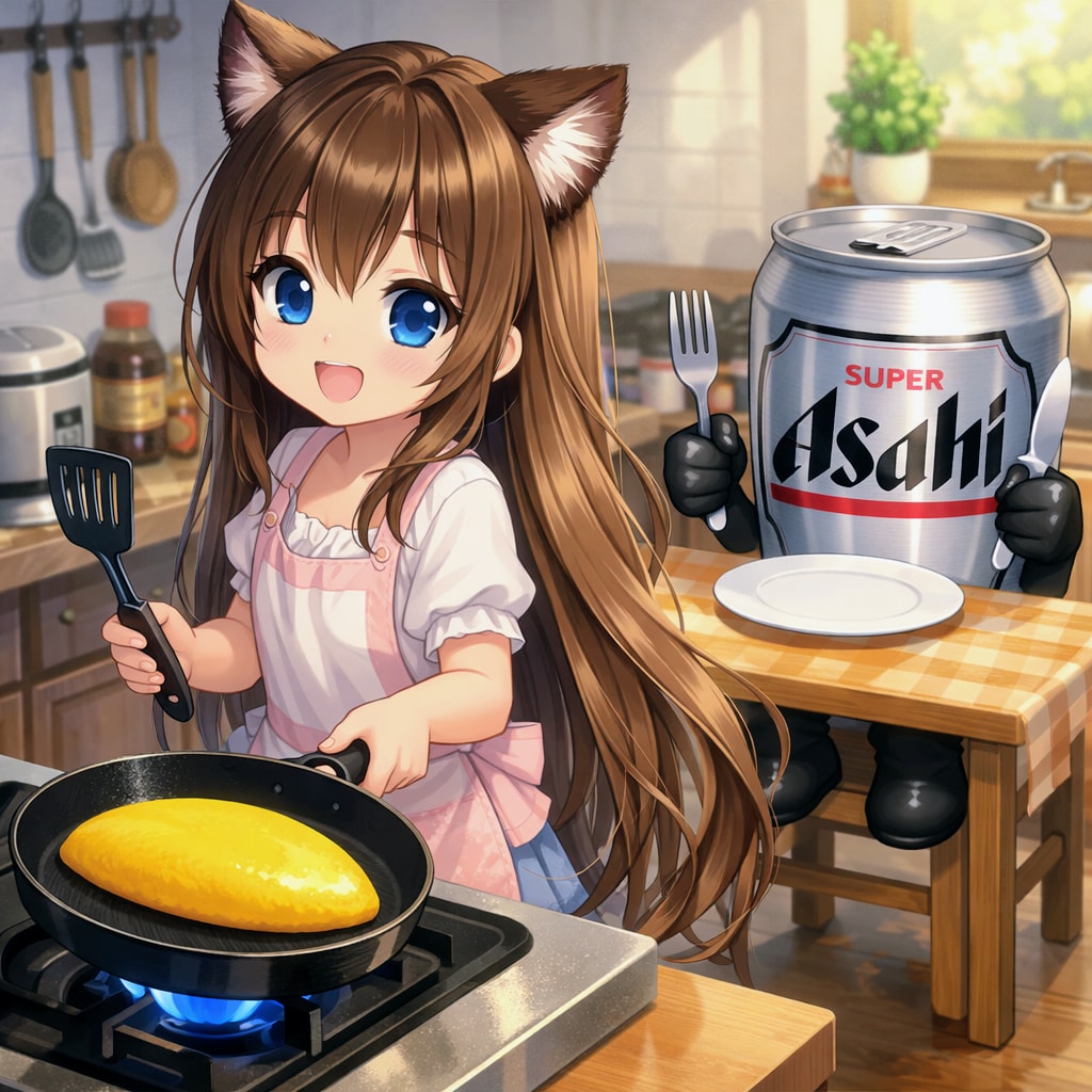 オムレツを焼く小さな女の子