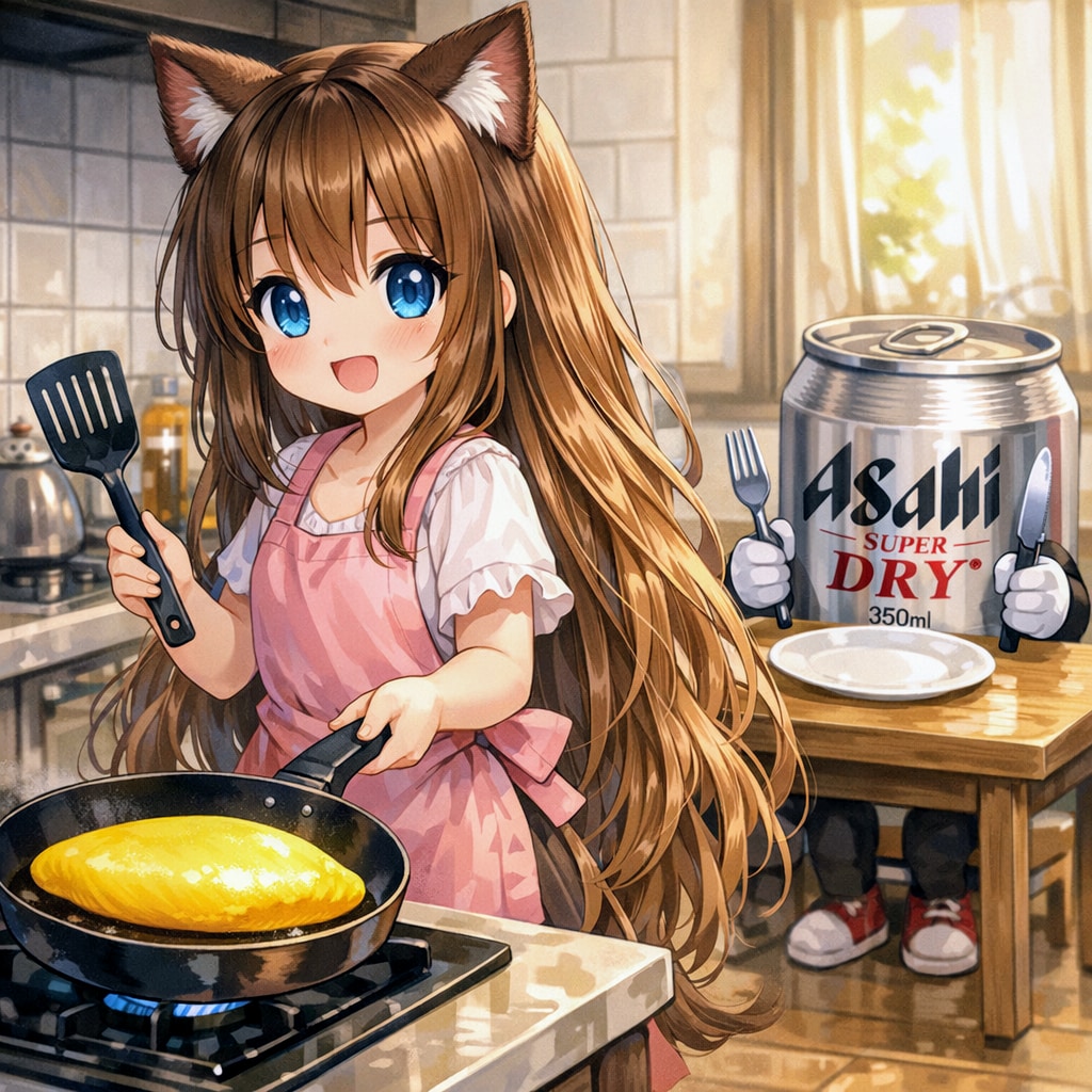 オムレツを焼く小さな女の子