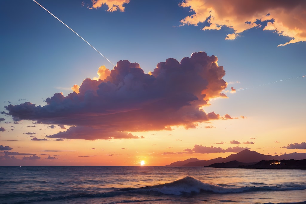 夕暮れの海と雲