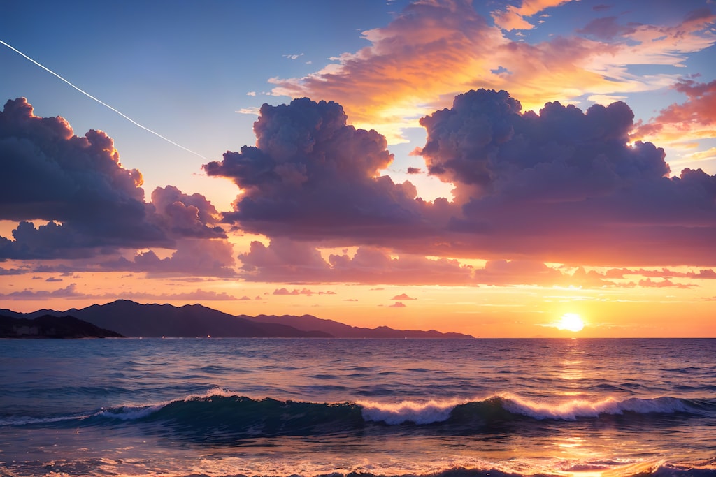 夕暮れの海と雲