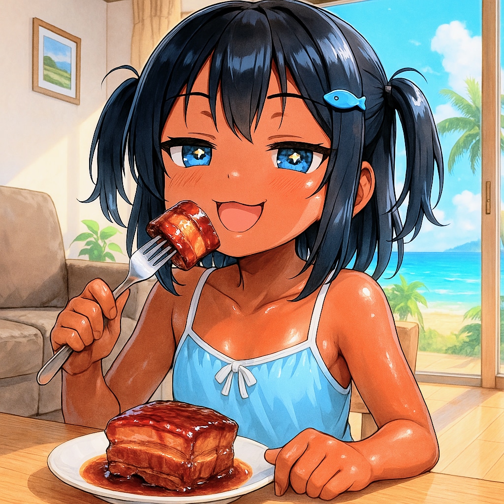 ラフテーを食べるこなつちゃん