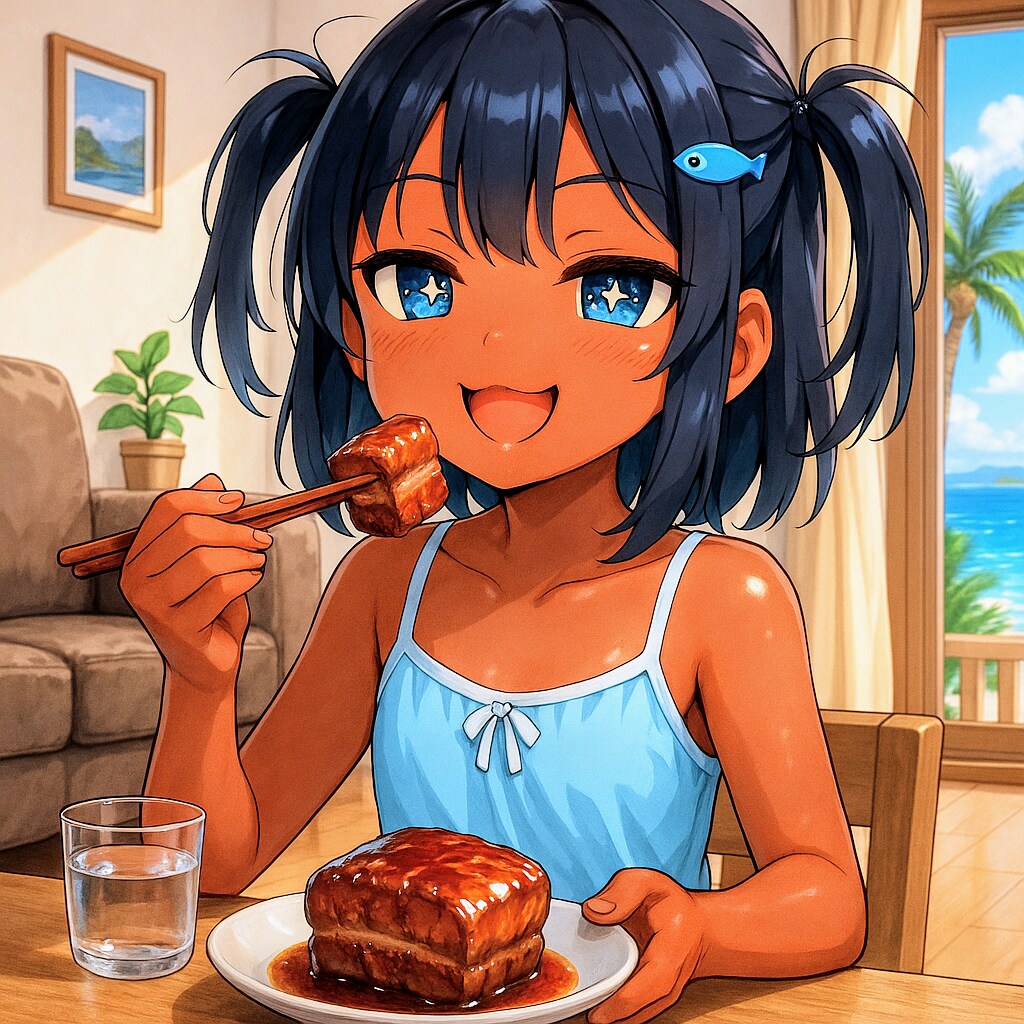 ラフテーを食べるこなつちゃん