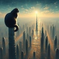 油絵ハイアングル俯瞰構図ファンタジー、世界一高い建造物の頂上に座る黒猫 3枚目