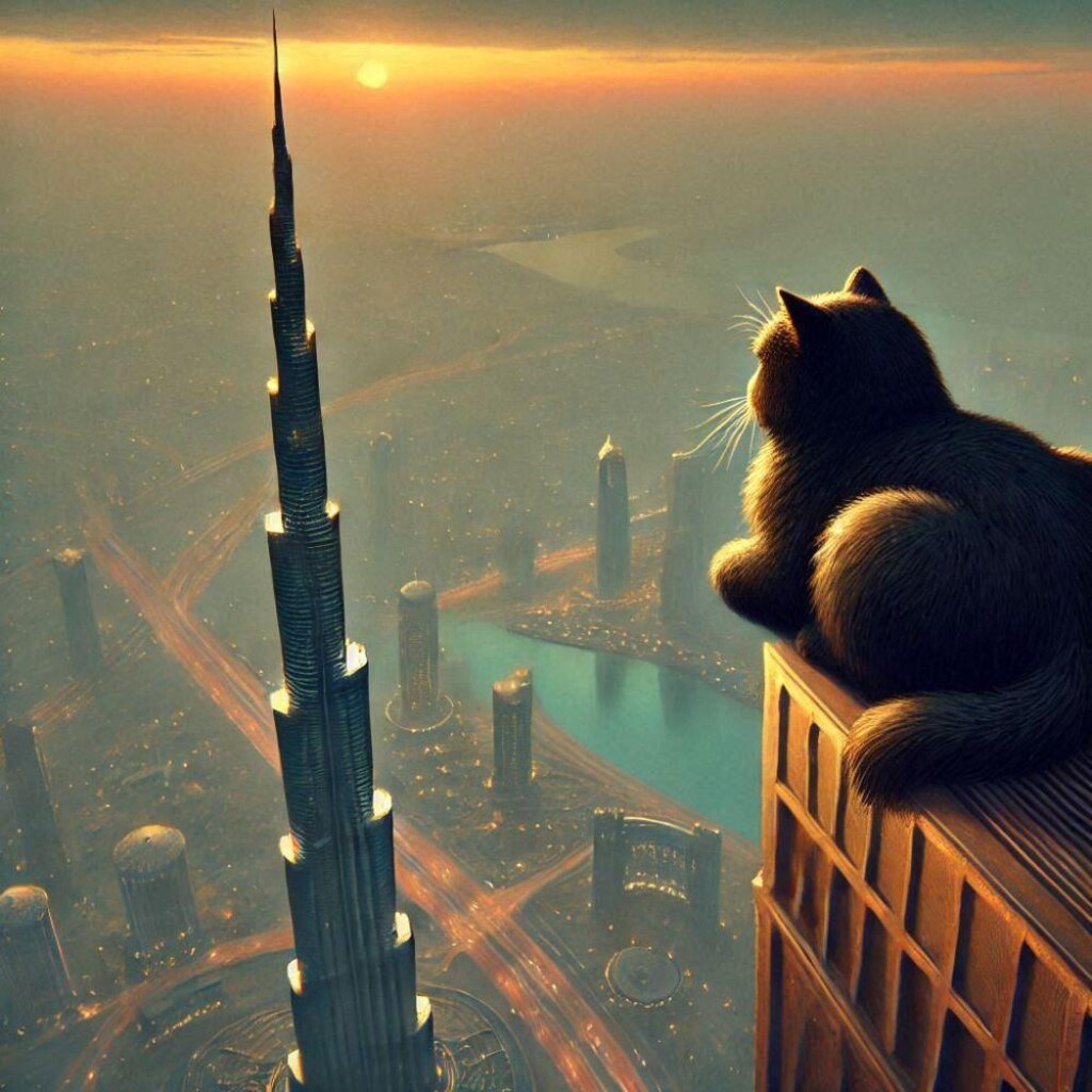 油絵ハイアングル俯瞰構図ファンタジー、世界一高い建造物の頂上に座る黒猫