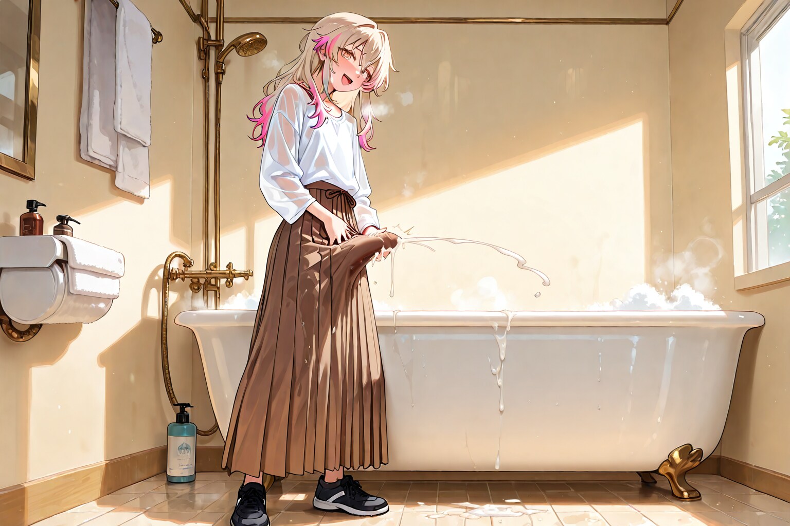 Ejaculating in the bathtub after taking a bath in clothes