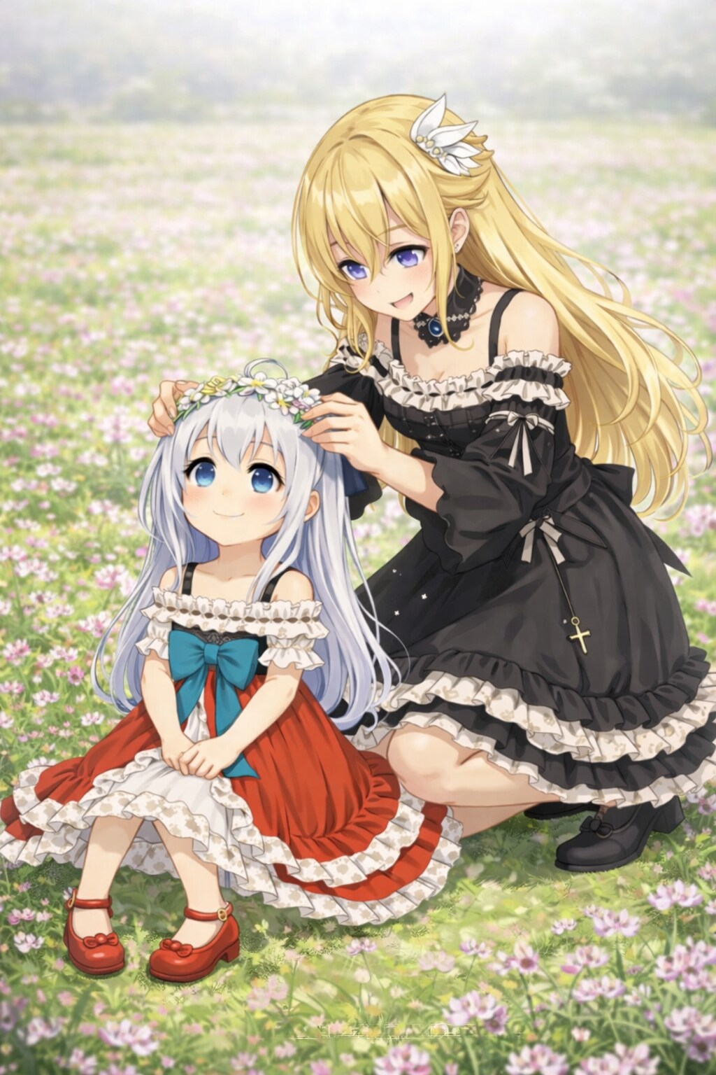 春、レンゲ畑で花冠を