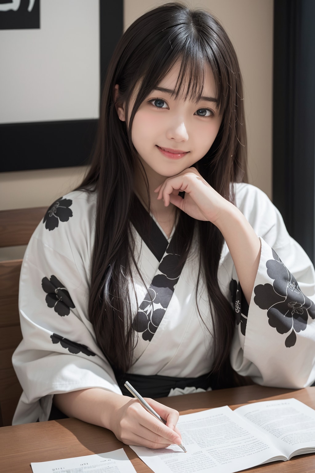 手紙を書く着物の女性