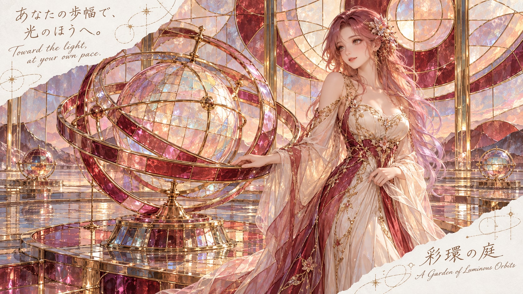 A Garden of Luminous Orbits  Toward the light, at your own pace.  Inside a garden of stained glass a | の人気AIイラスト・グラビア