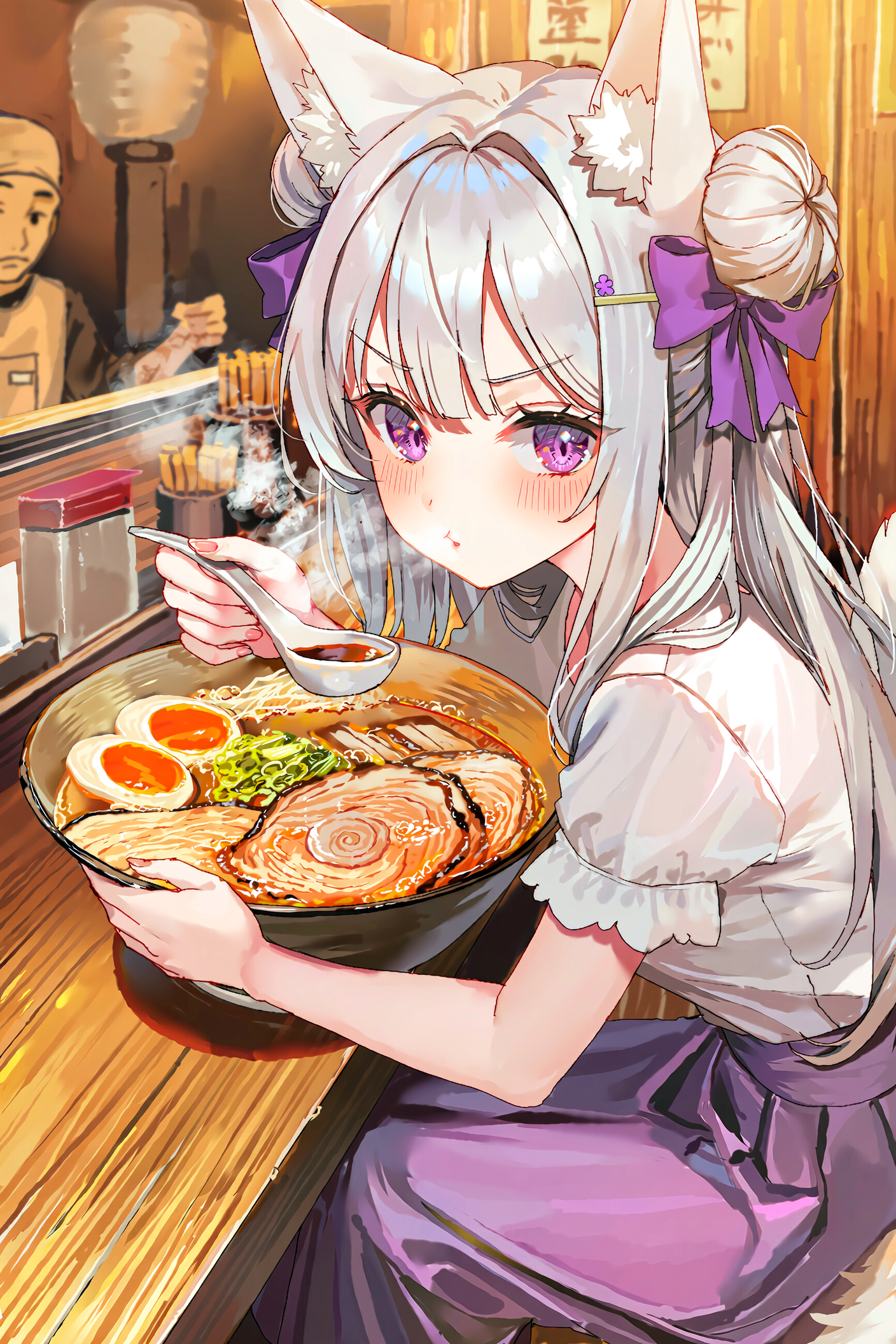 大きなドンブリでラーメンを食べるケモミミさん | の人気AIイラスト・グラビア