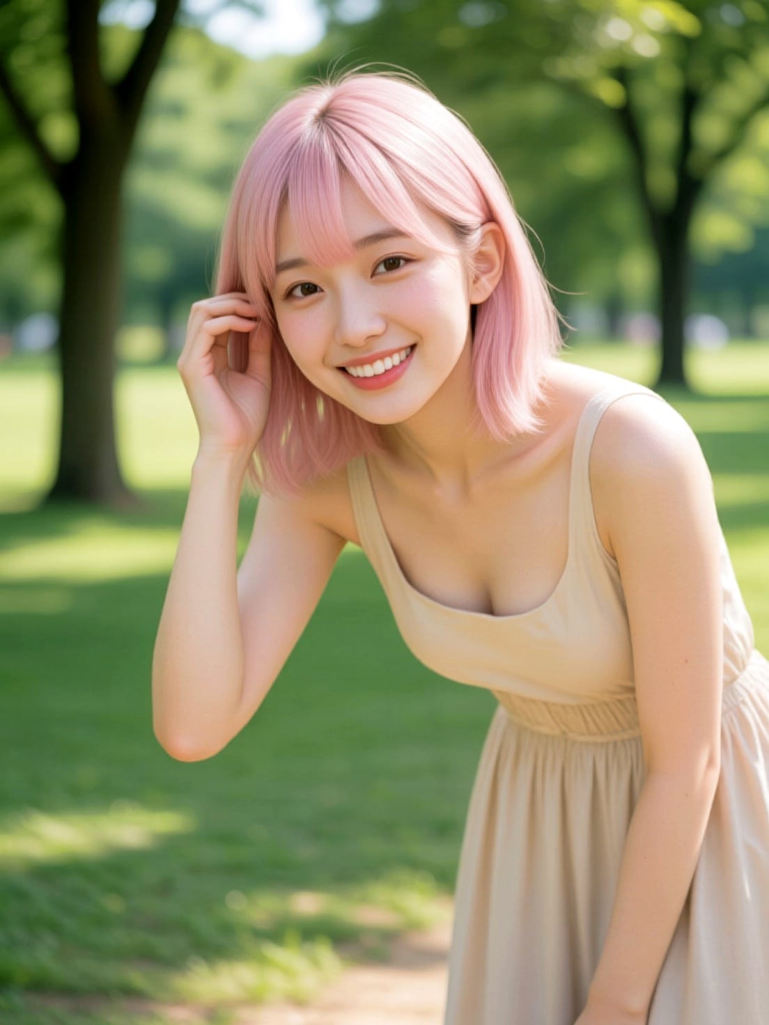 木漏れ日の小径に微笑む淡紅の彼女 ― 柔らかな焦点に包まれた瞬間 | の人気AIイラスト・グラビア