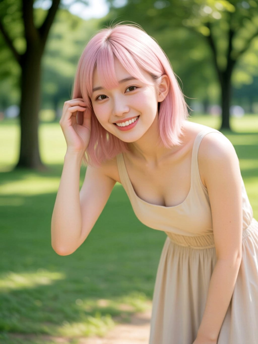 木漏れ日の小径に微笑む淡紅の彼女 ― 柔らかな焦点に包まれた瞬間