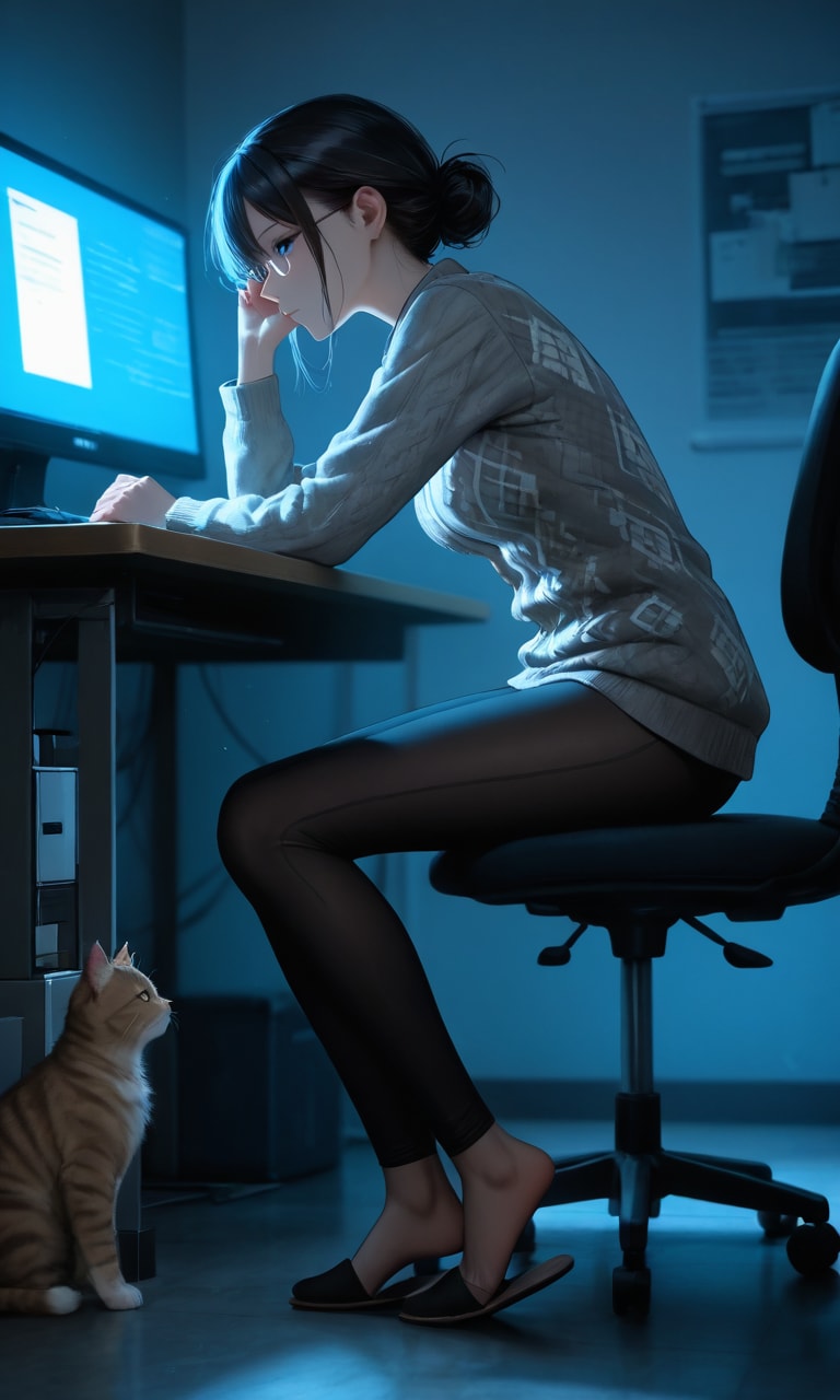 深夜０時、残業と猫【第１夜】 | の人気AIイラスト・グラビア