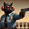 油絵風、耳あて装備で射撃場訓練する警察黒猫 3枚目