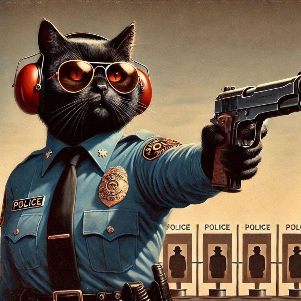 油絵風、耳あて装備で射撃場訓練する警察黒猫