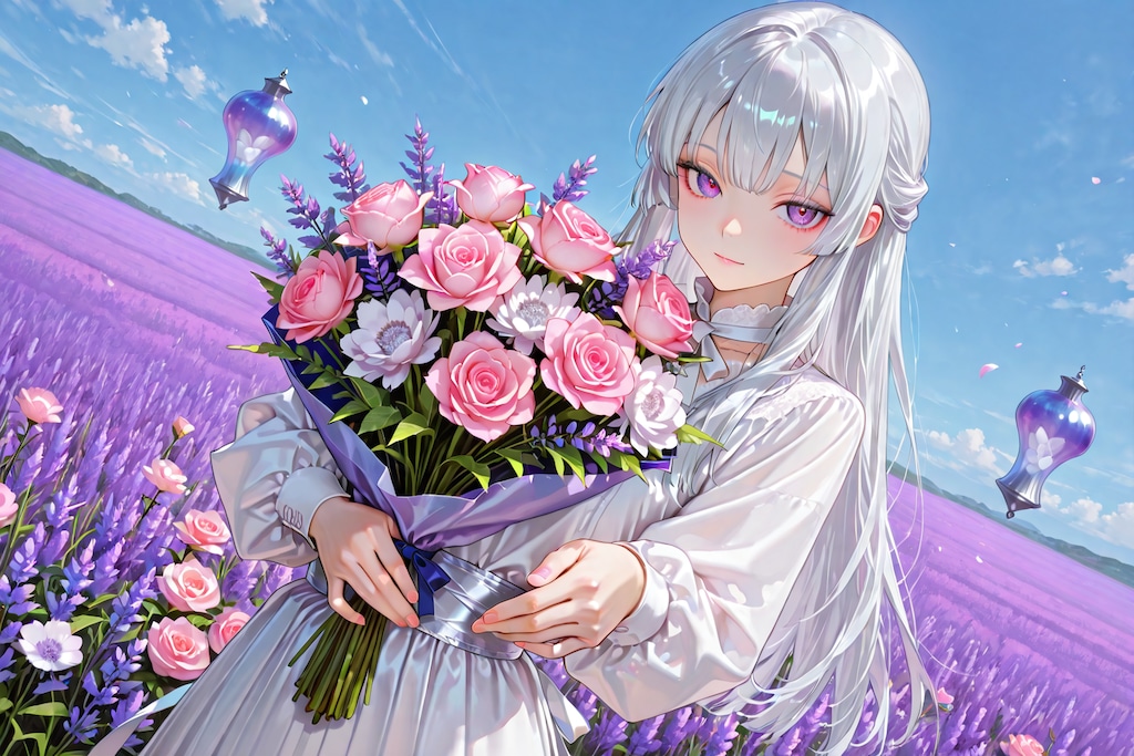 ラベンダーの咲く花畑で