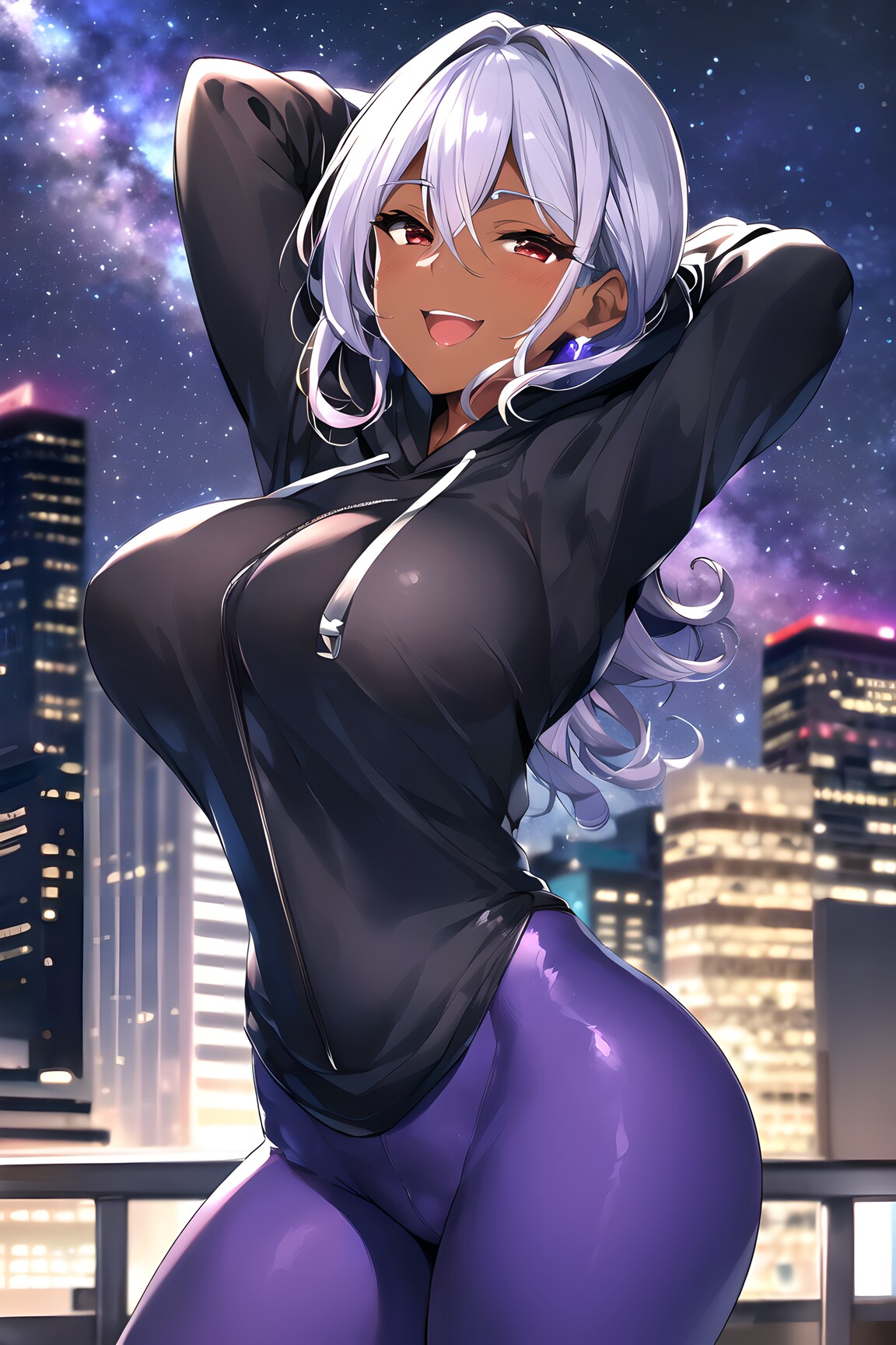 紫タイツとパーカーで夜の散歩