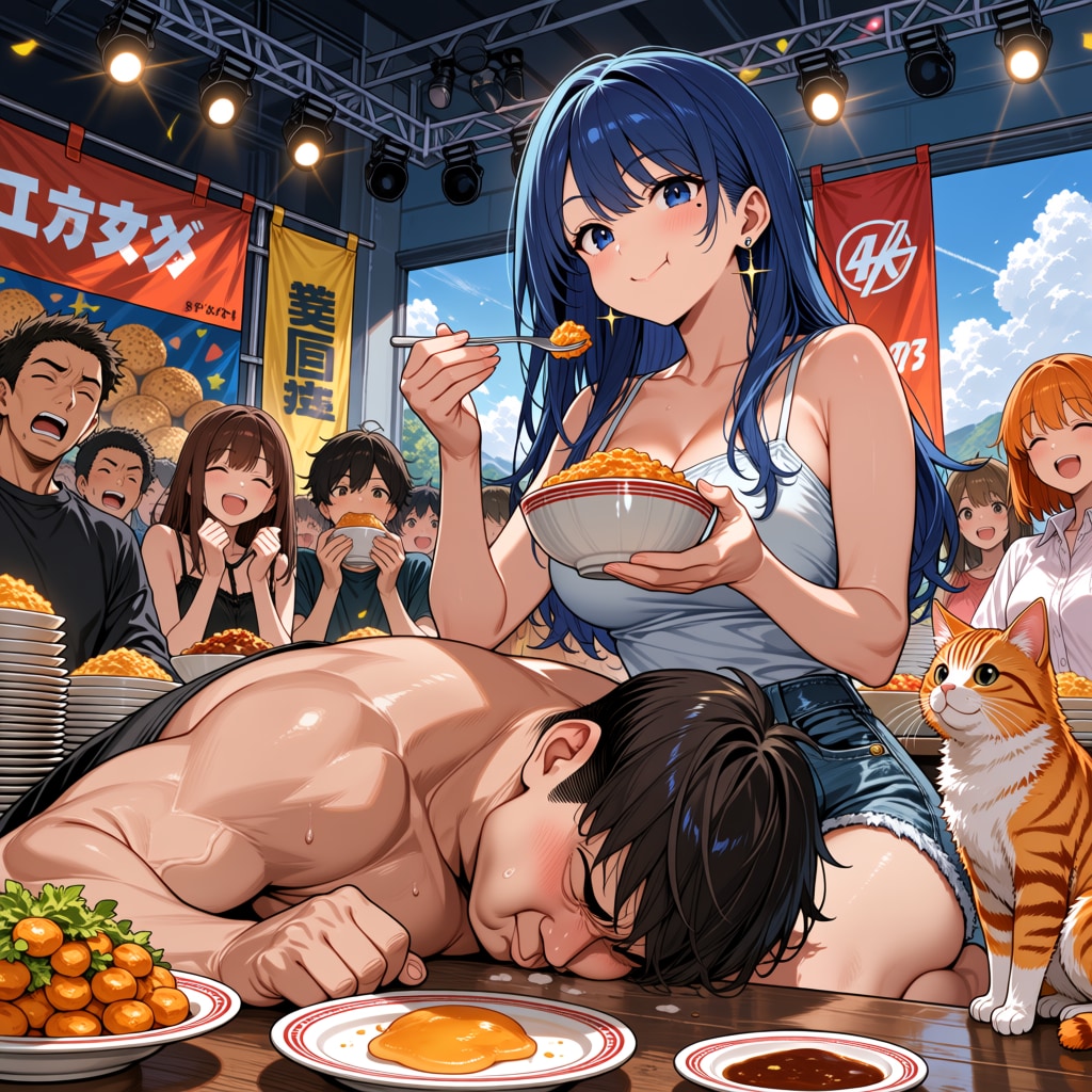 大食い対決！あい、巨漢レスラーを完食KO！ | の人気AIイラスト・グラビア