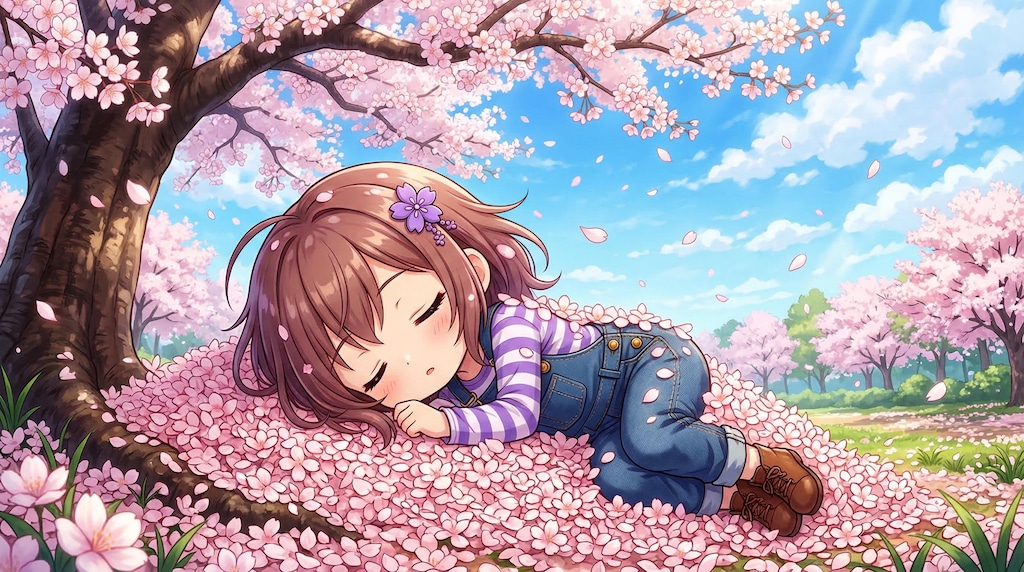 桜に埋もれるスミレちゃん