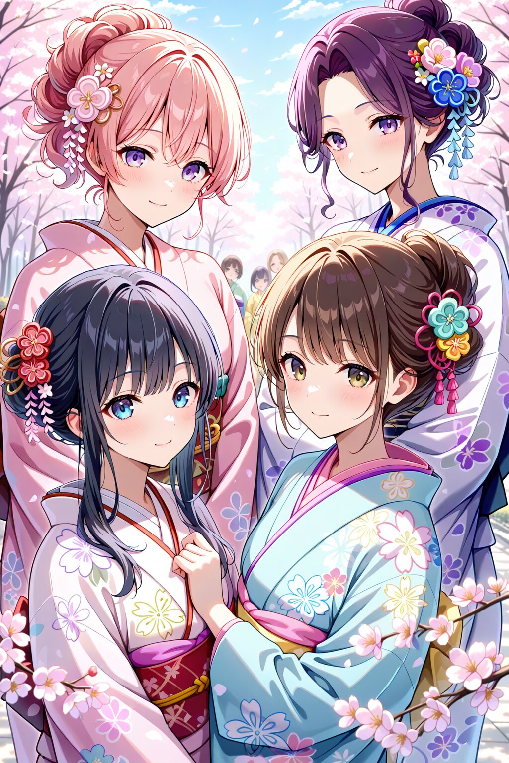 桜と着物の女の子たち