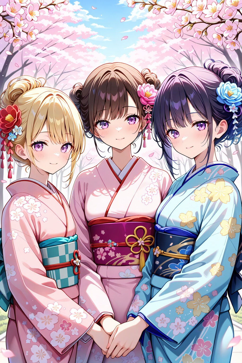 桜と着物の女の子たち