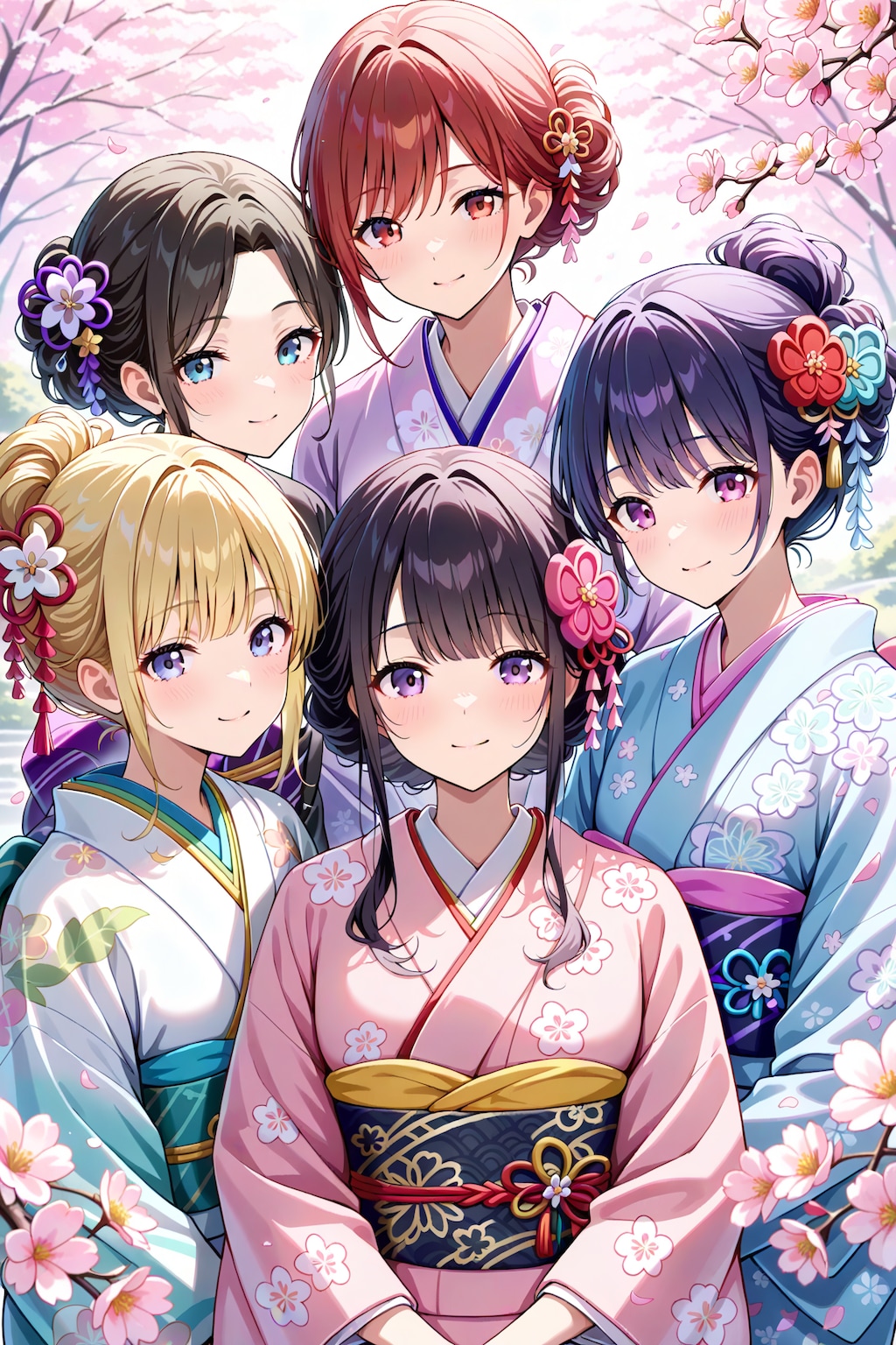 桜と着物の女の子たち