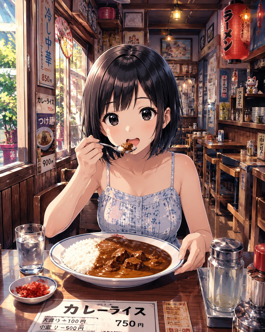 ラーメン屋のカレーを食べている女の子