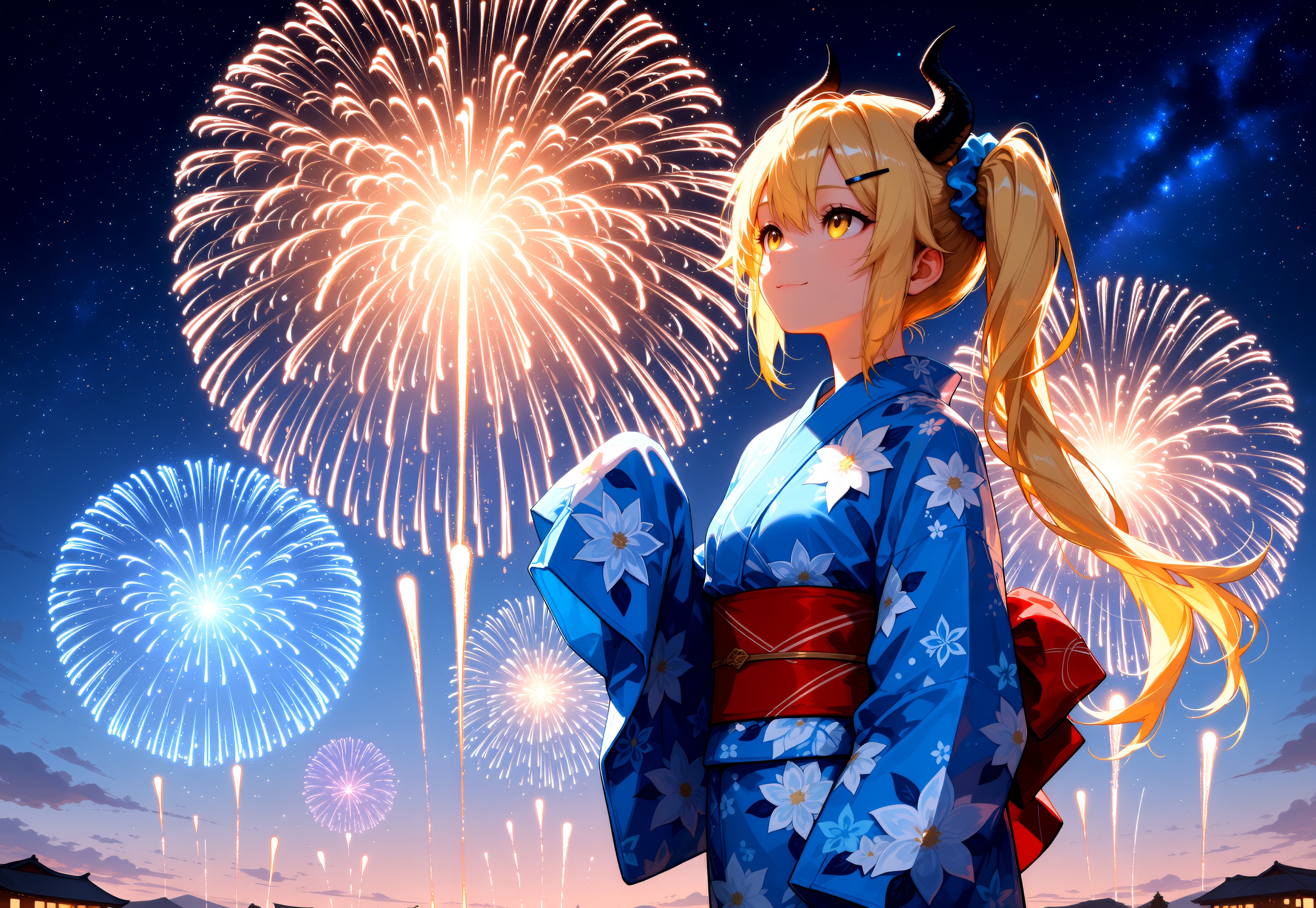 夏祭りの花火を楽しむ女鬼高生さん