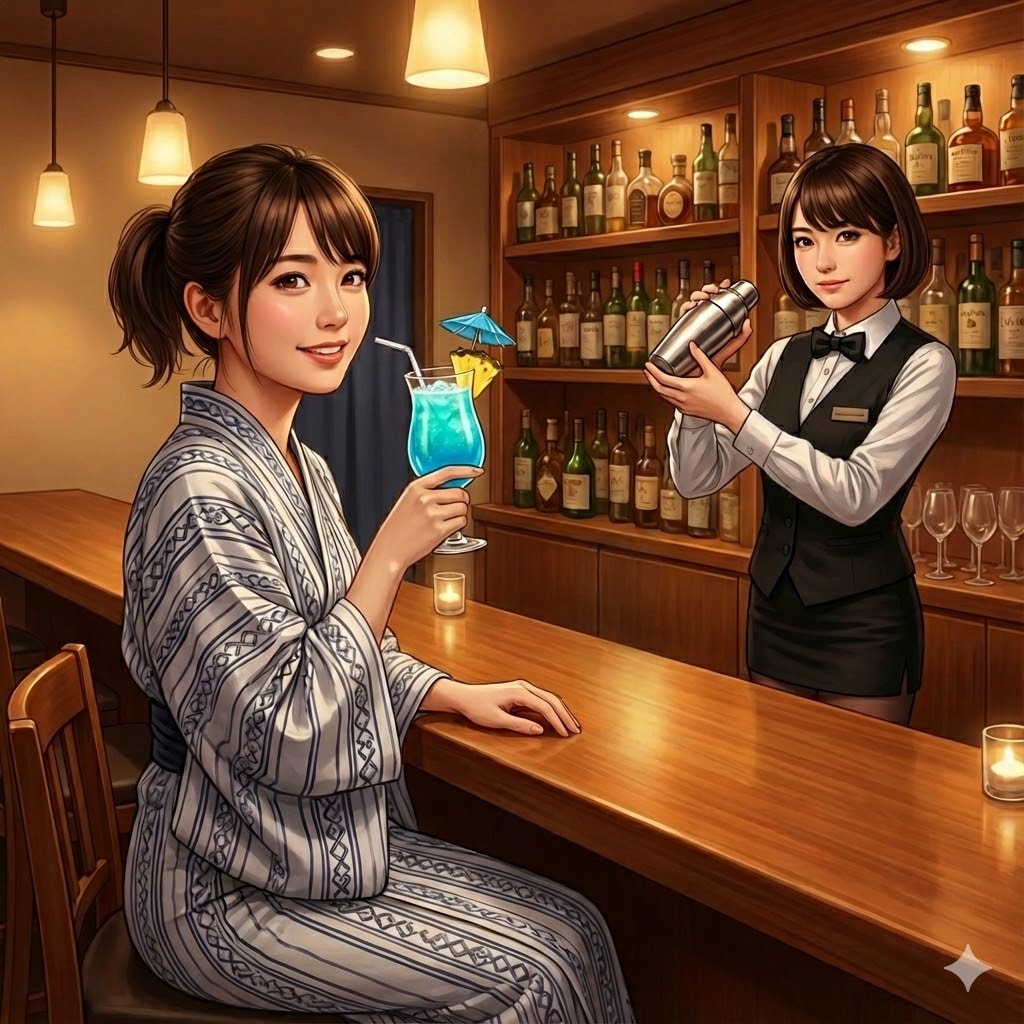 浴衣姿でブルーハワイ