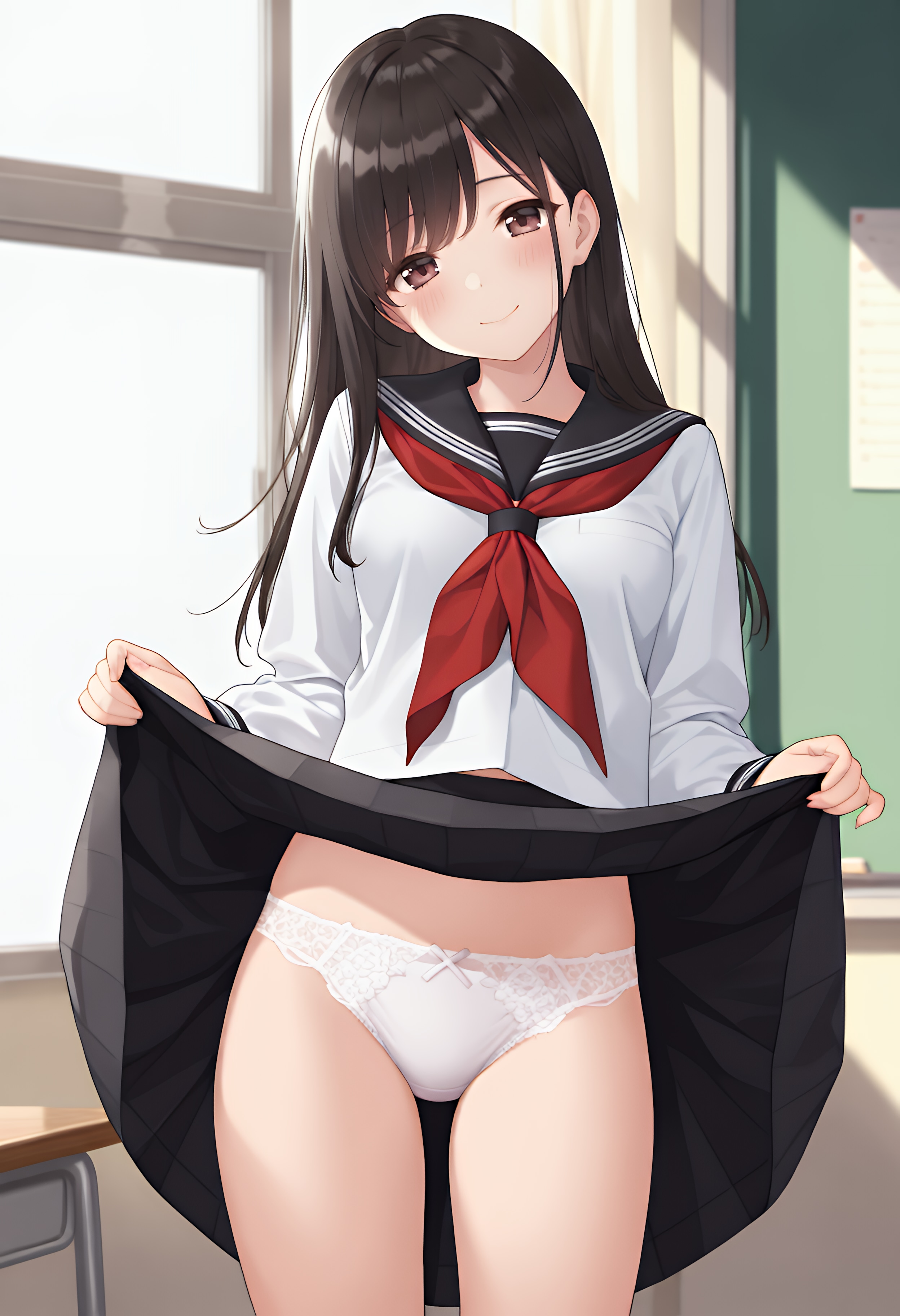 黒髪ロングに白下着
